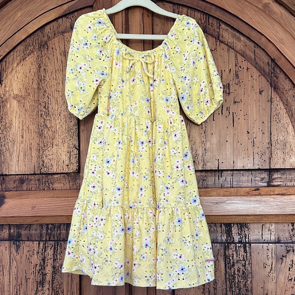 Tahari Girl Yellow Floral Eyelet Tiered Swing dress Easter Spring